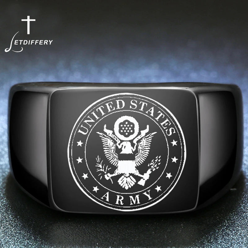 Stainless Steel, US Army Military Veteran Ring For Men, Cool Custom Engraved Signet Ring