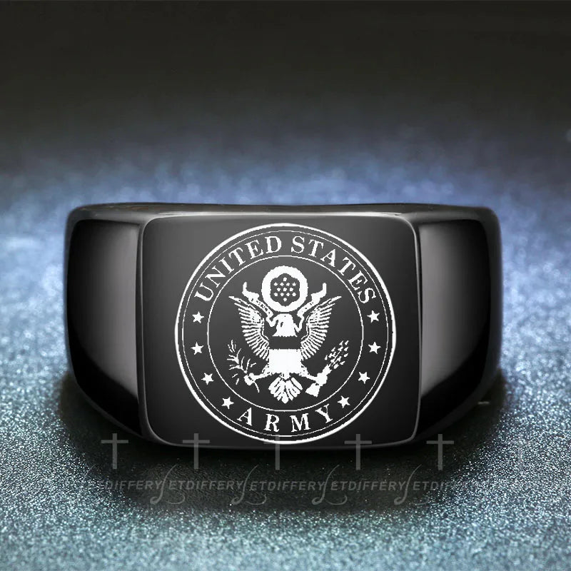 Stainless Steel, US Army Military Veteran Ring For Men, Cool Custom Engraved Signet Ring