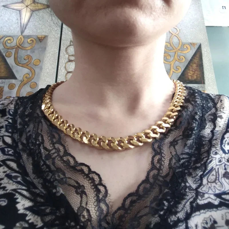 Stainless Steel Cuban Chain Necklace, Military Jewelry, Thick Clavicle Chain Necklaces for Women & Men, By MUJER