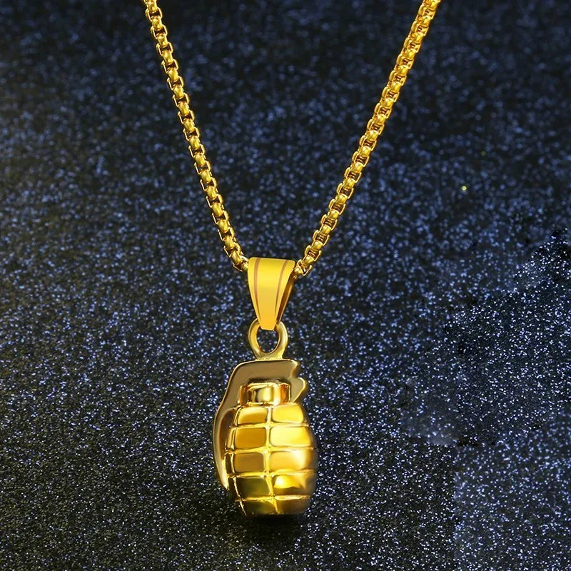 Stainless Steel, Military Men's, Hand Grenade Warrior Necklace