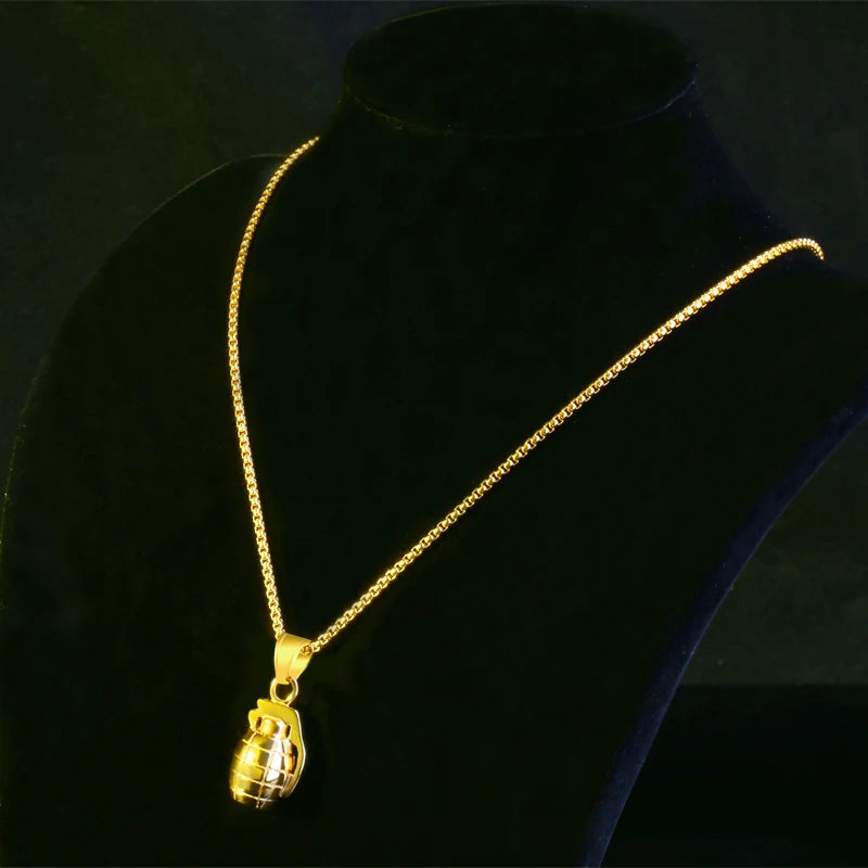 Stainless Steel, Military Men's, Hand Grenade Warrior Necklace