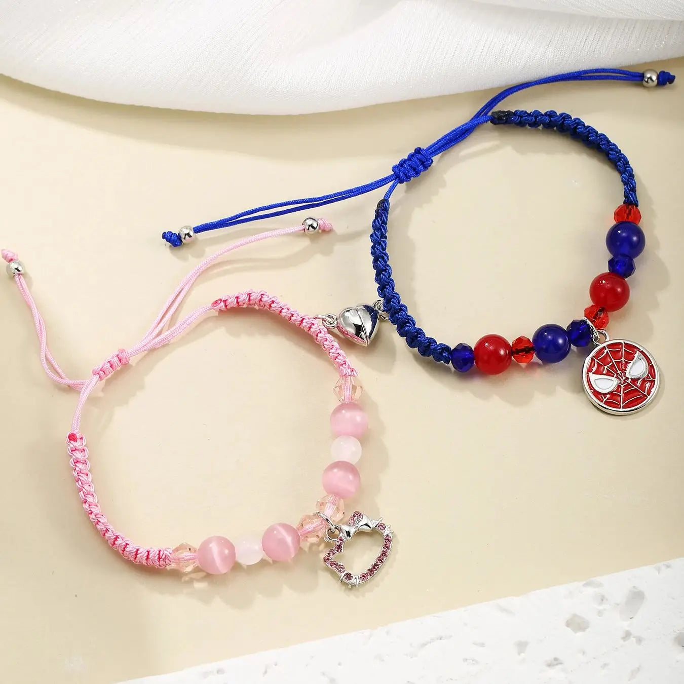 2 Pc Pink And Blue, String Spider And Cat, Heart Shaped Magnetic Couple's Bracelets
