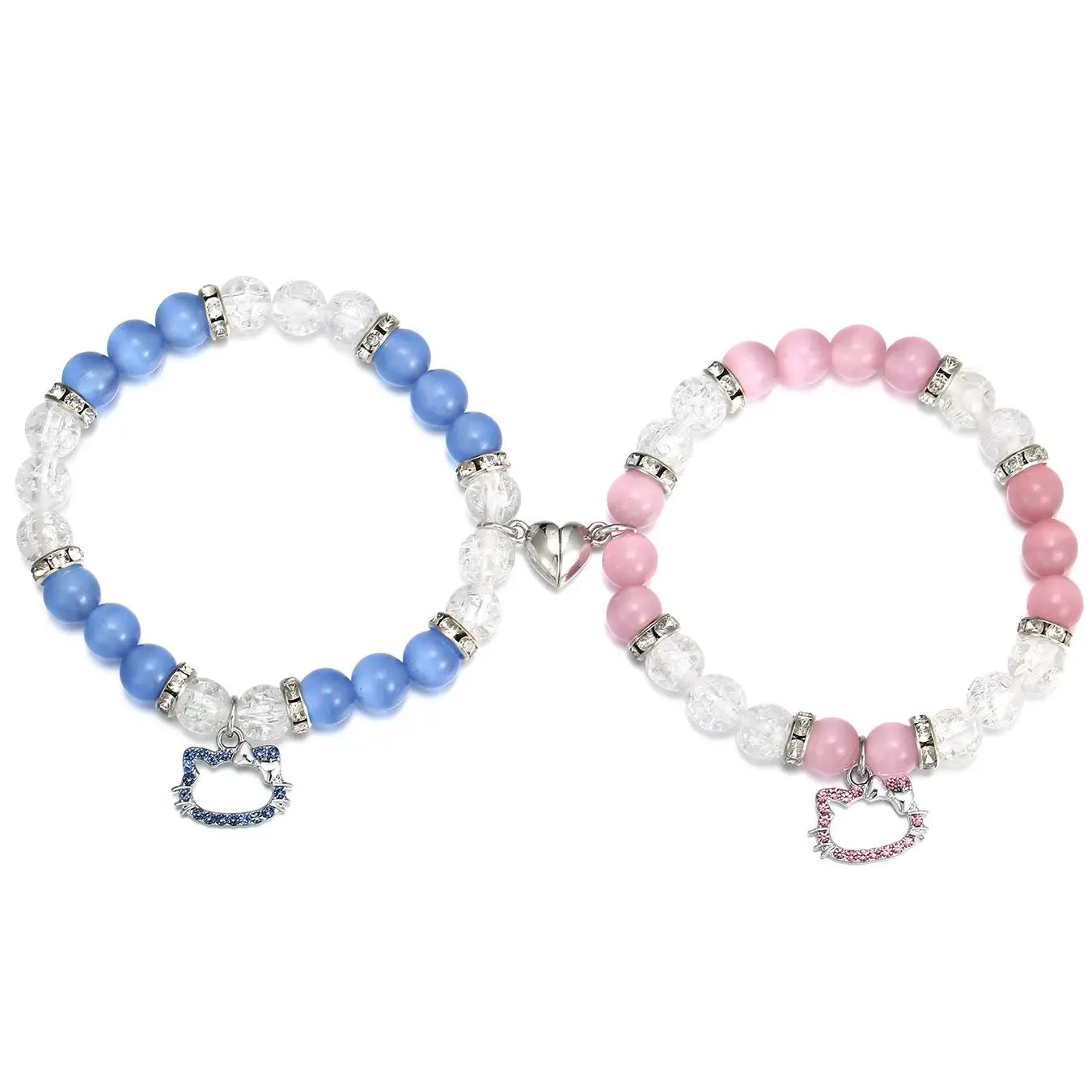 His & Hers, Blue and Pink, Cute, Cat Heart Shaped Bracelets