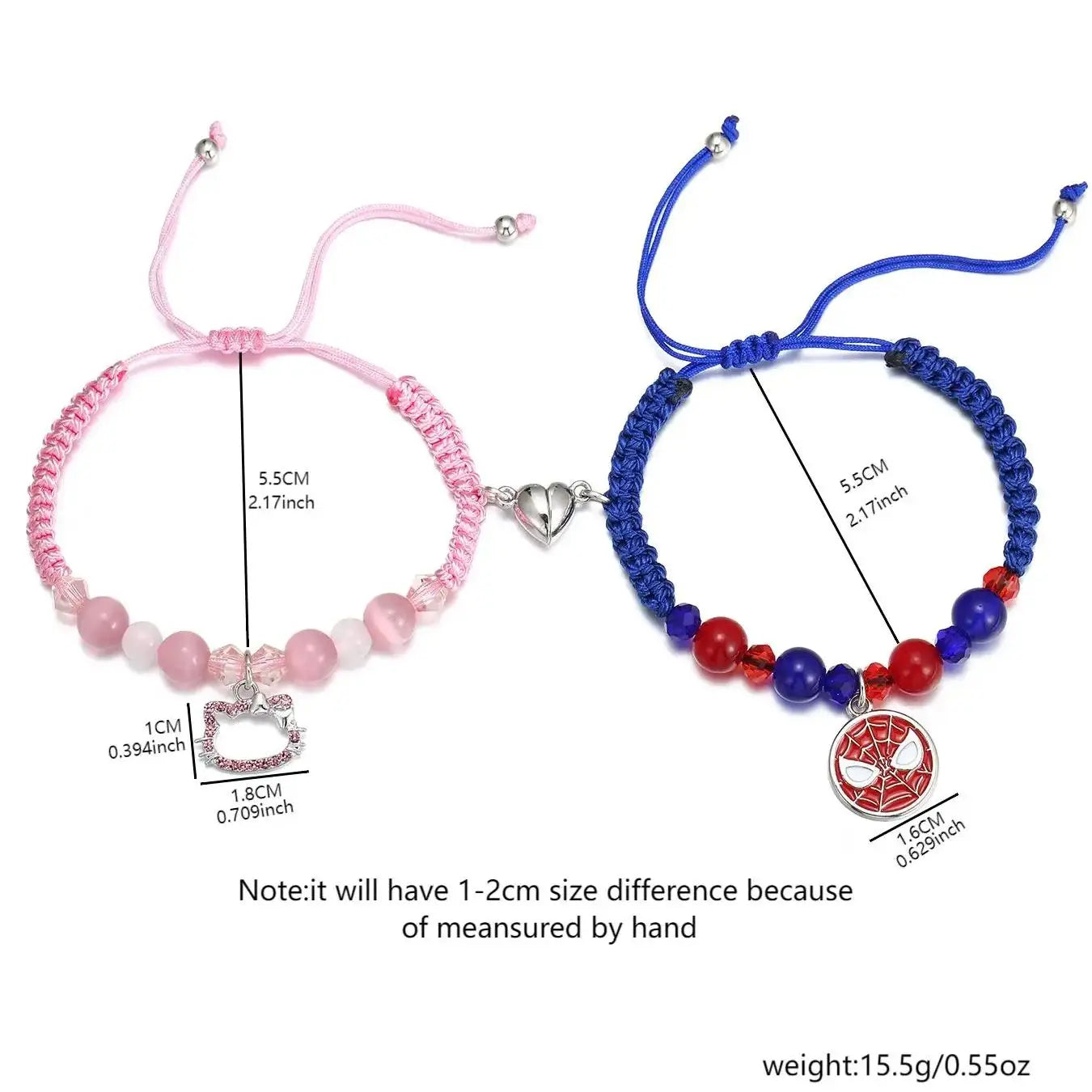 2 Pc Pink And Blue, String Spider And Cat, Heart Shaped Magnetic Couple's Bracelets