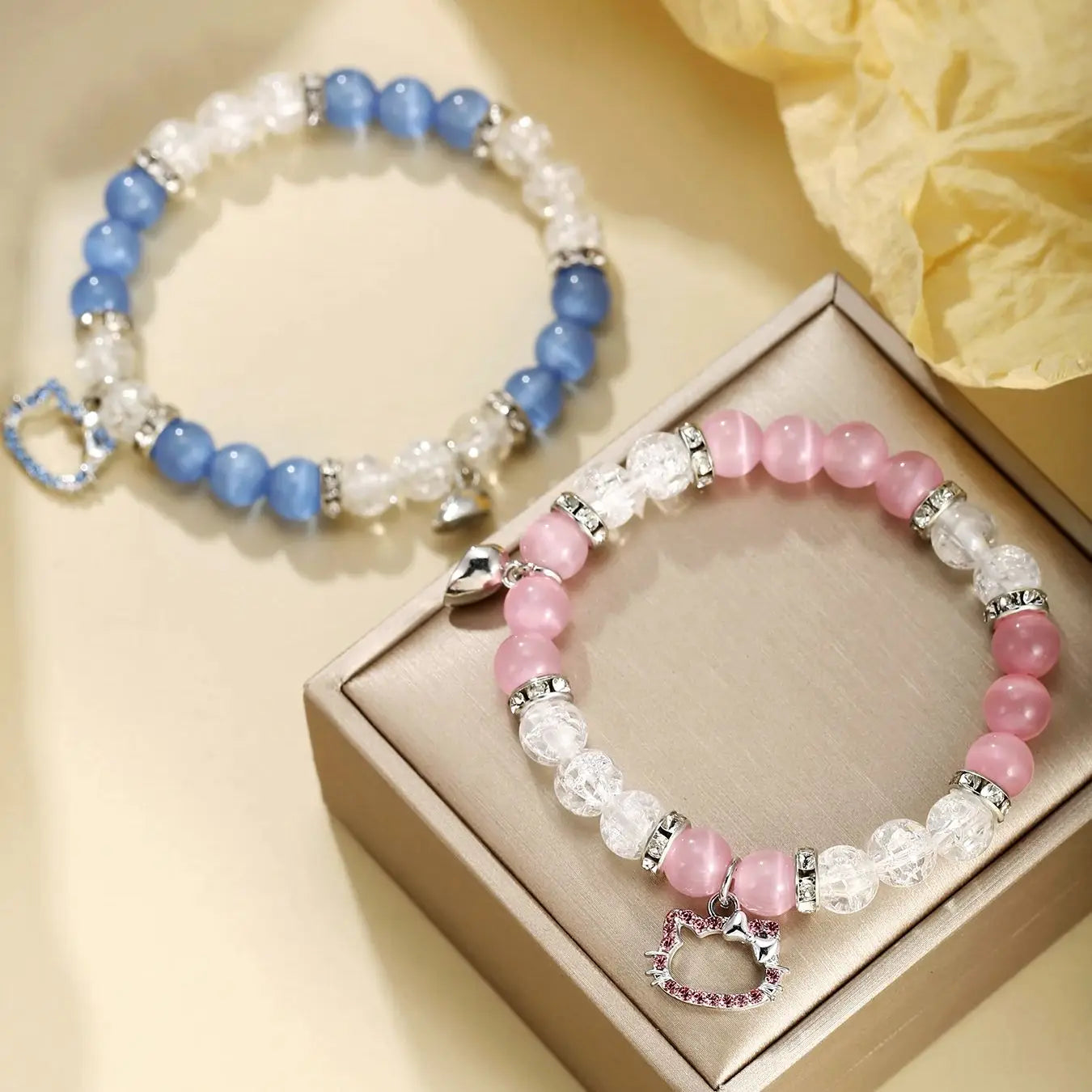 His & Hers, Blue and Pink, Cute, Cat Heart Shaped Bracelets