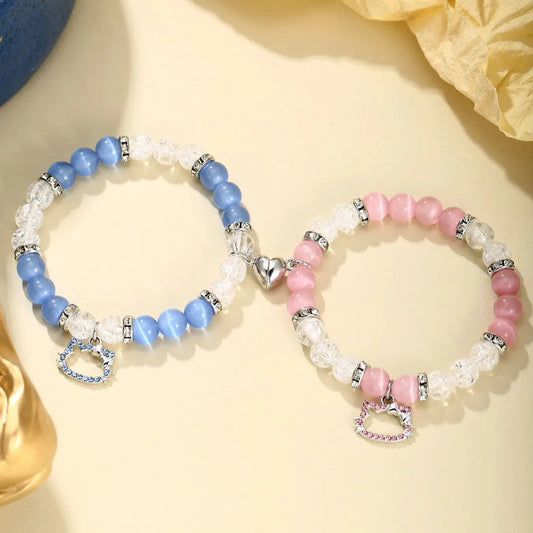 His & Hers, Blue and Pink, Cute, Cat Heart Shaped Bracelets