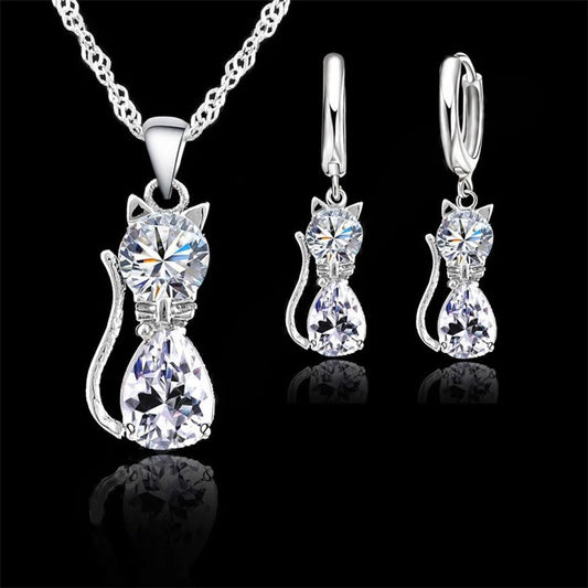 Real 925 Sterling Silver, Austrian Crystal, Cat Necklace