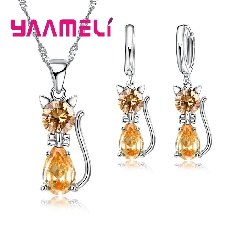 Real 925 Sterling Silver, Austrian Crystal, Cat Necklace
