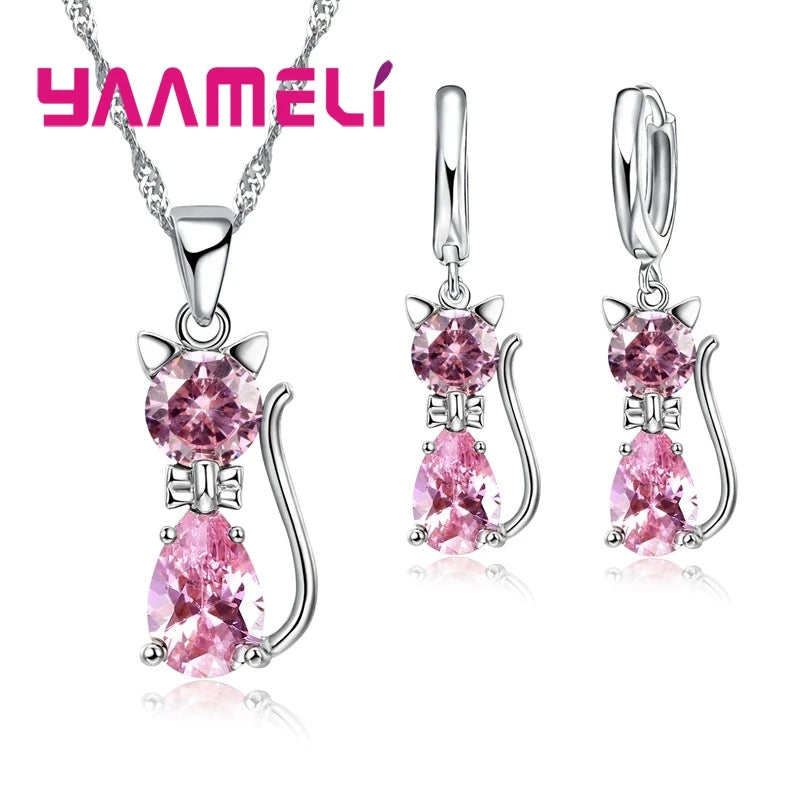 Real 925 Sterling Silver, Austrian Crystal, Cat Necklace