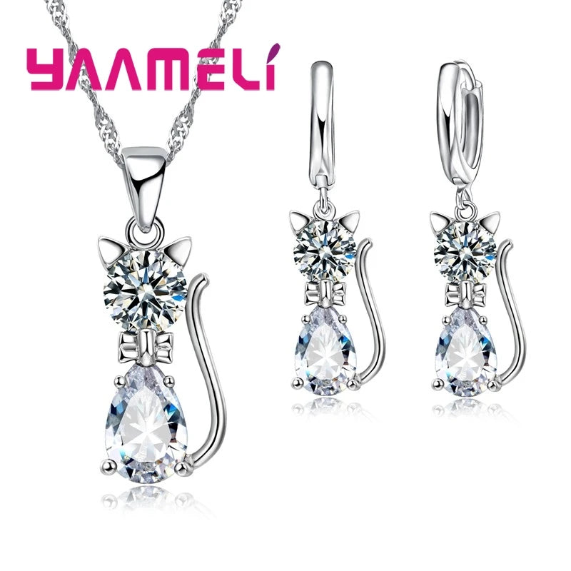 Real 925 Sterling Silver, Austrian Crystal, Cat Necklace
