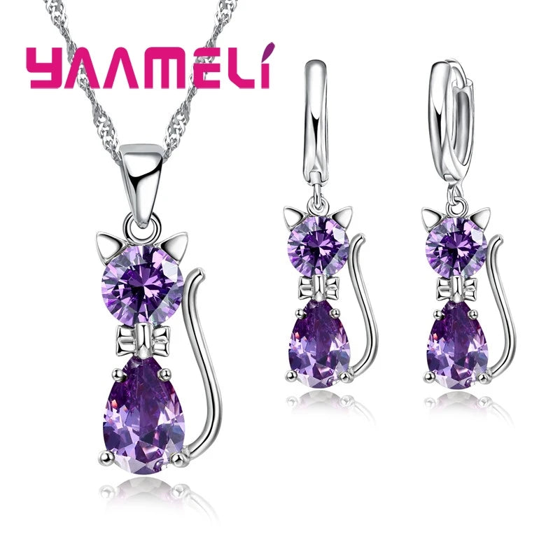 Real 925 Sterling Silver, Austrian Crystal, Cat Necklace
