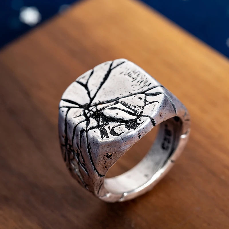 Silver Plated, Big Square Vintage, Cracked Signet Finger Ring For Men, By SUTEYI