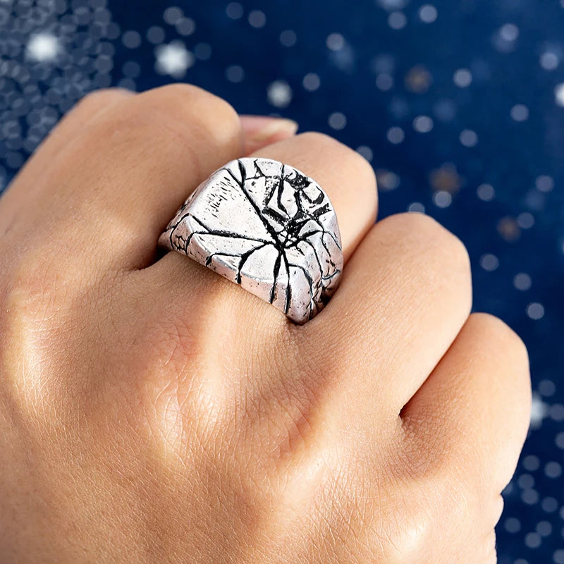 Silver Plated, Big Square Vintage, Cracked Signet Finger Ring For Men, By SUTEYI
