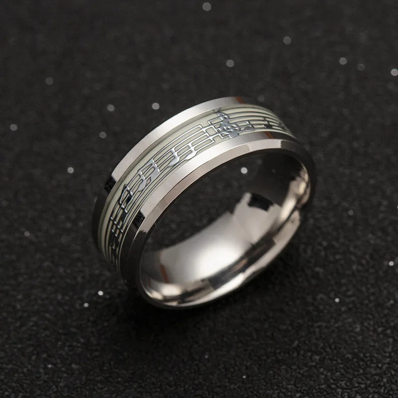 Unisex, Stainless Steel, Music Stave, Luminous, Fluorescent, Glowing, Music Letter Ring
