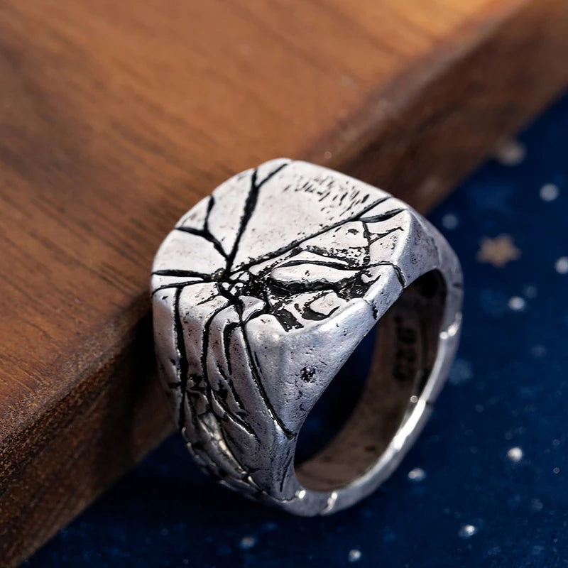 Silver Plated, Big Square Vintage, Cracked Signet Finger Ring For Men, By SUTEYI