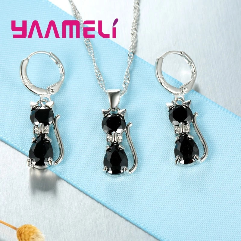 Real 925 Sterling Silver, Austrian Crystal, Cat Necklace