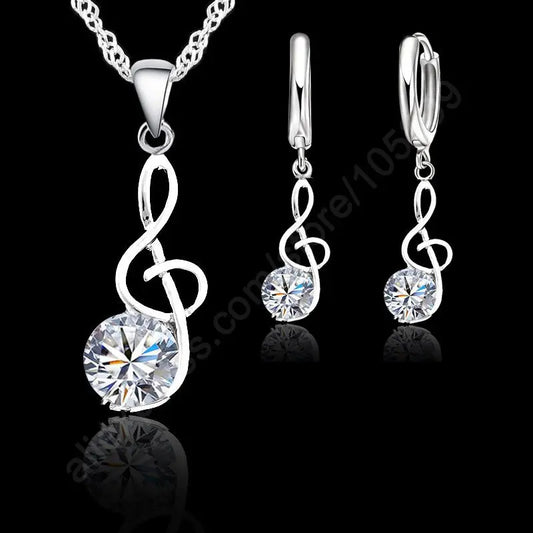 Real .925 Sterling Silver, Cubic Zirconia Diamond Musical Note Earrings & Pendant Sets…Perfect Gift For Music Lovers