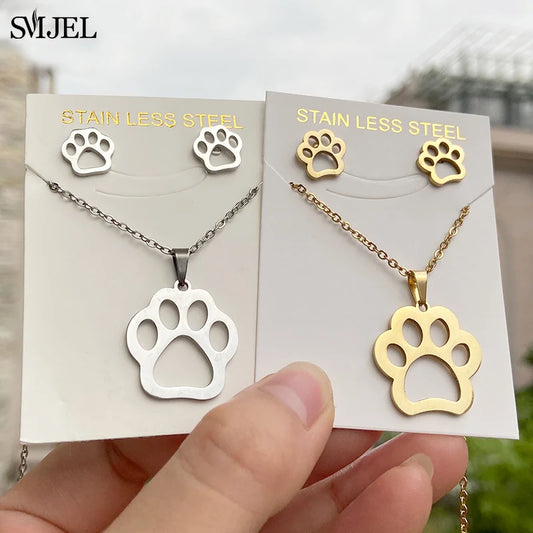 Stainless Steel, Paw Necklace Earrings for Women, Fashion By, SMJEL