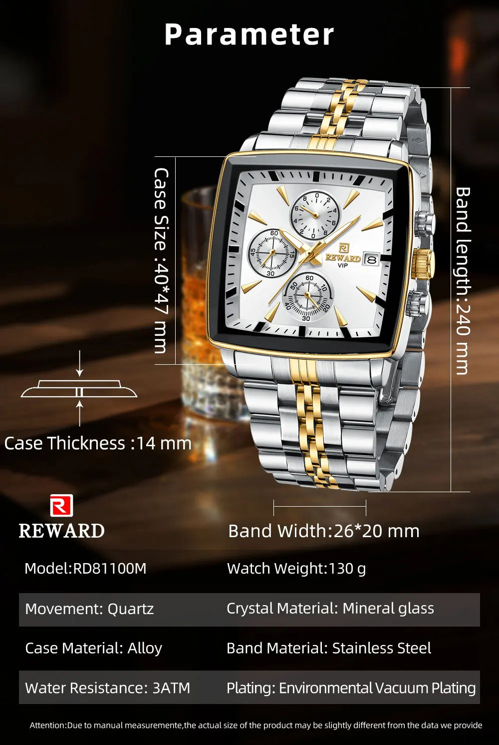 Men's Blue Luxury, Rectangular Business Quartz Wristwatch, Waterproof, with Luminous Hands, By REWARD