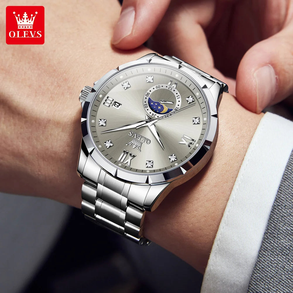 OLEV'S 2956 Men's, Luxury Brand, Waterproof, Calendar Moon Phase, Top Fashion, Stainless Steel Quartz, Chronograph Watch
