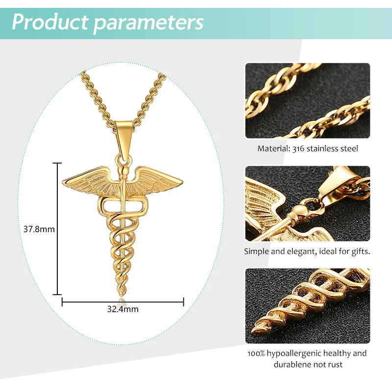 Medical Stainless Steel, Double Snake Wings Pendant Necklace Gift For Medical Professionals