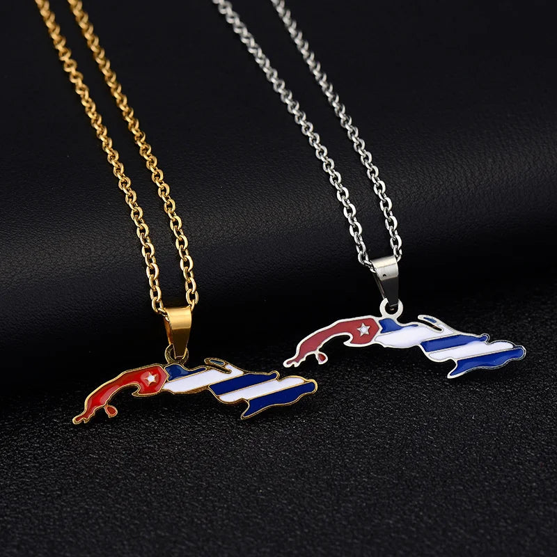 European and American Stainless Steel Map Of The Republic Of Cuba Pendant Necklace, By ZMZMKM
