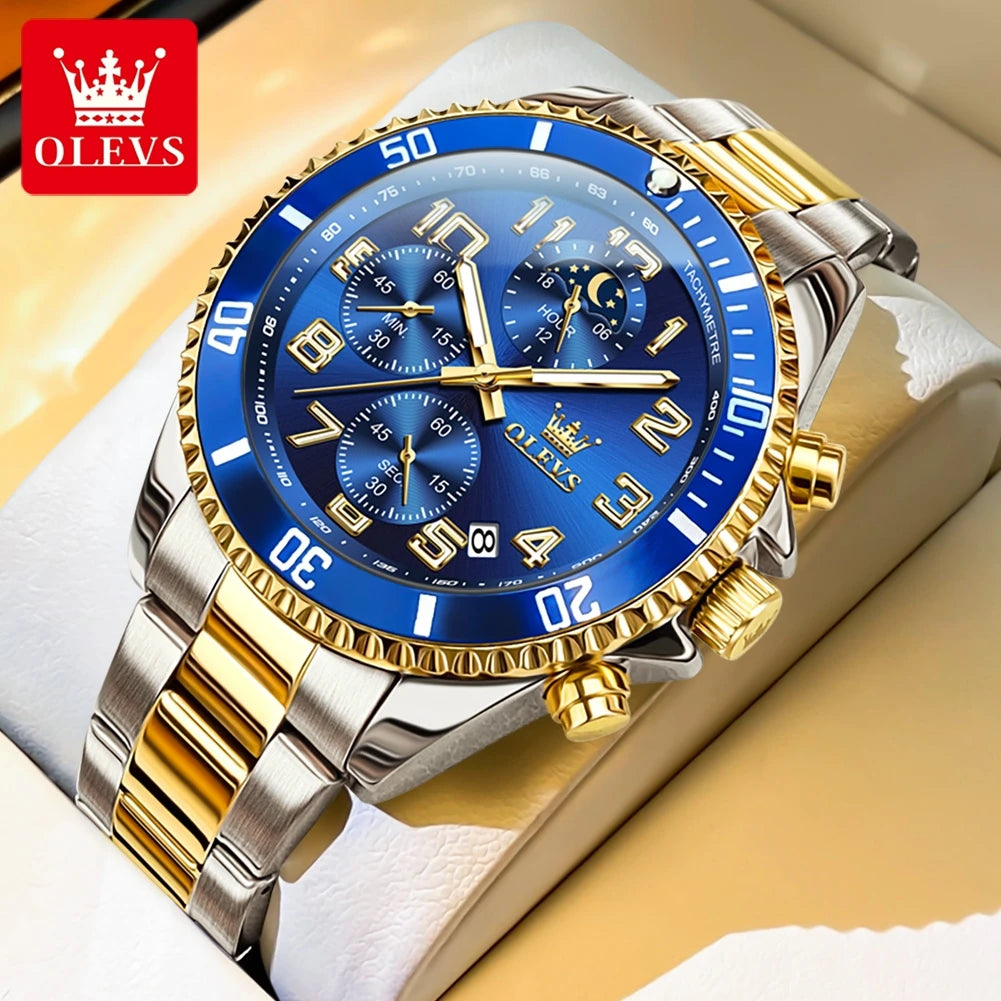 OLEV, S 2926 Men's, Luxury Brand, Waterproof, Calendar Moon Phase, Top Fashion, Stainless Steel Quartz, Chronograph Watch
