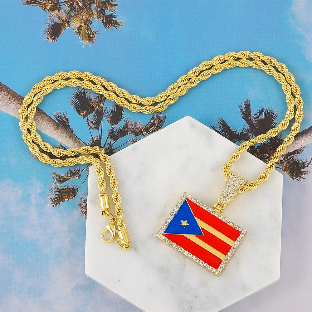 New Heart Puerto Rico Map/Flag Pendant Necklace With Imitation Rhinestones & 4mm Rope Link Chain, Stylish Jewelry For Men & Women