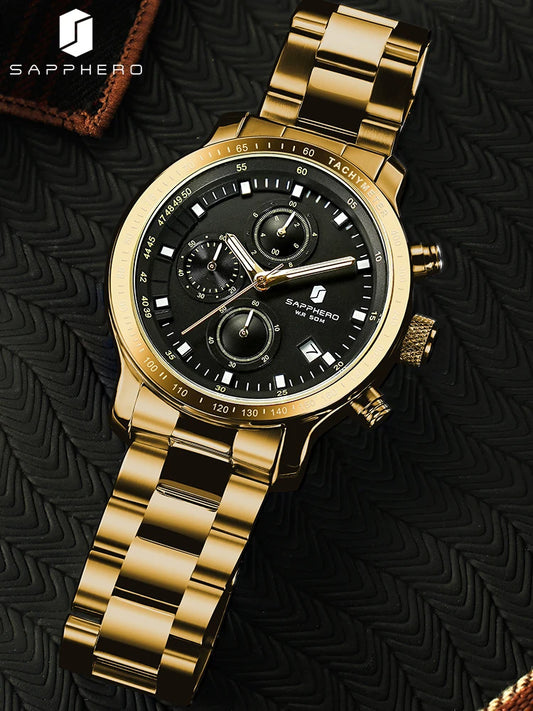 SAPPHERO, Luxury Brands, Gold Plated Stainless Steel, Men’s, Elegant, Waterproof, Quartz Watch…Perfect For That First Date