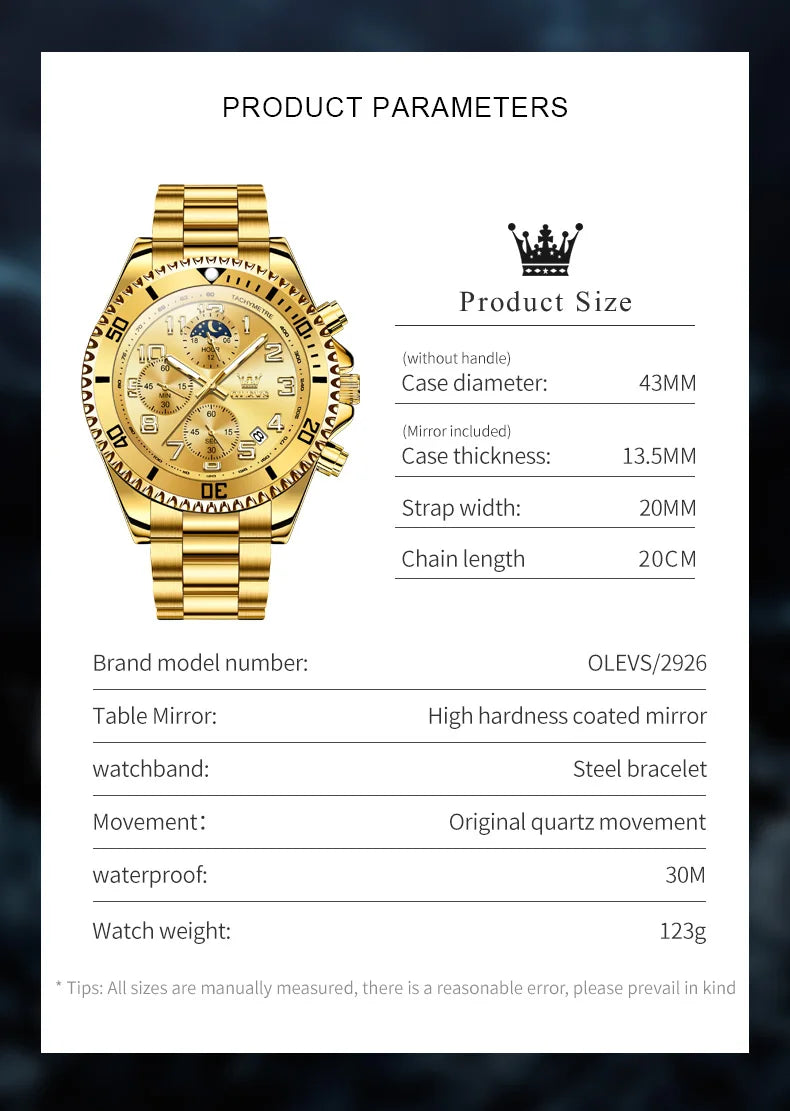 OLEV, S 2926 Men's, Luxury Brand, Waterproof, Calendar Moon Phase, Top Fashion, Stainless Steel Quartz, Chronograph Watch