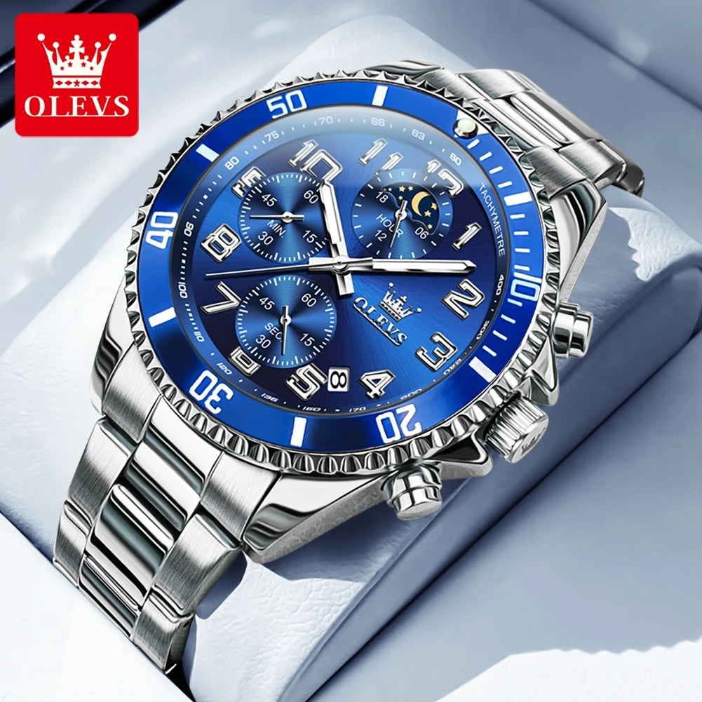 OLEV, S 2926 Men's, Luxury Brand, Waterproof, Calendar Moon Phase, Top Fashion, Stainless Steel Quartz, Chronograph Watch