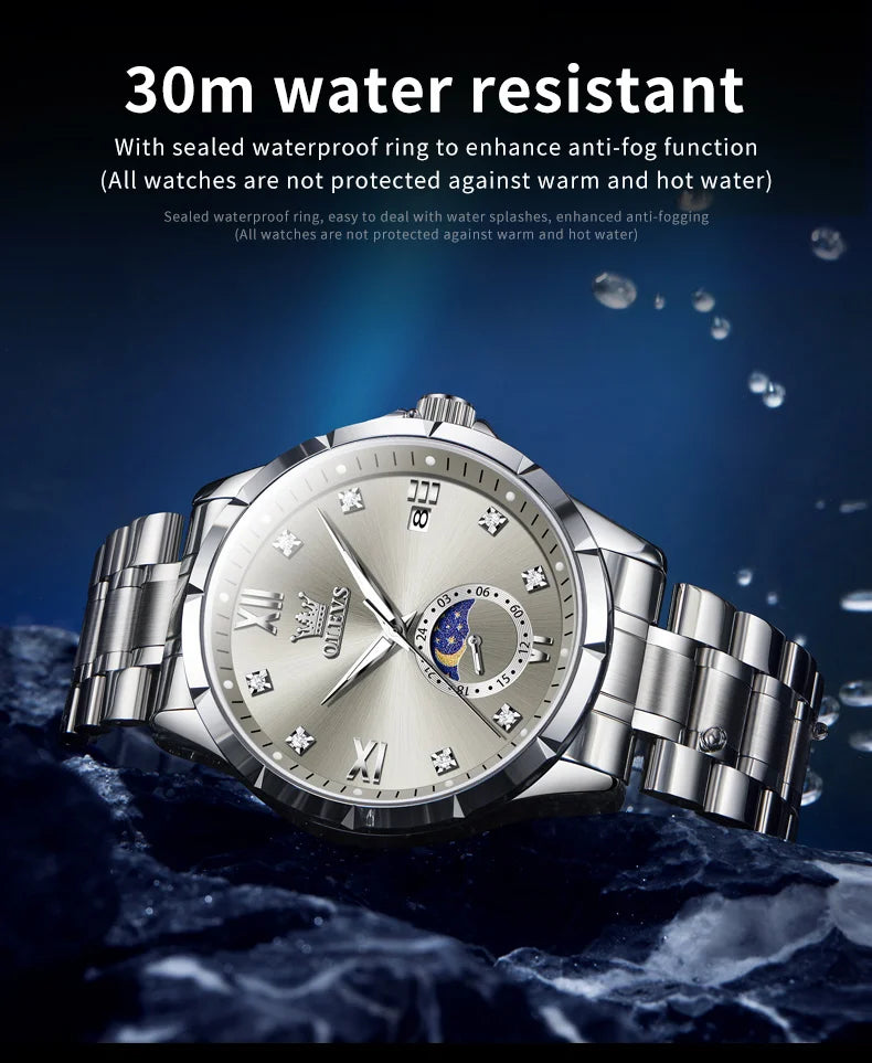 OLEV'S 2956 Men's, Luxury Brand, Waterproof, Calendar Moon Phase, Top Fashion, Stainless Steel Quartz, Chronograph Watch