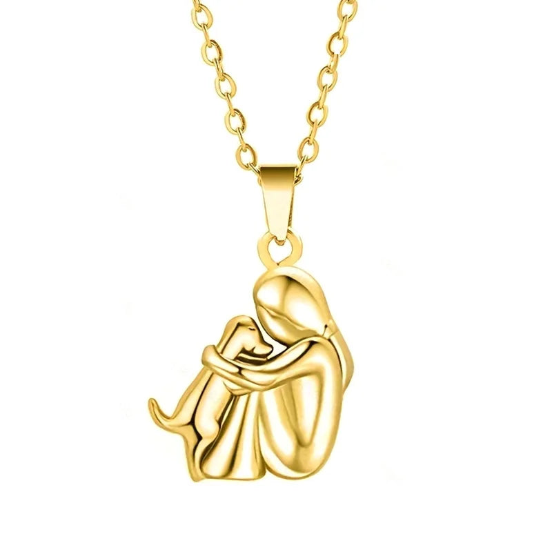 Cute, Two-Tone Girl Hugging Dog Necklace