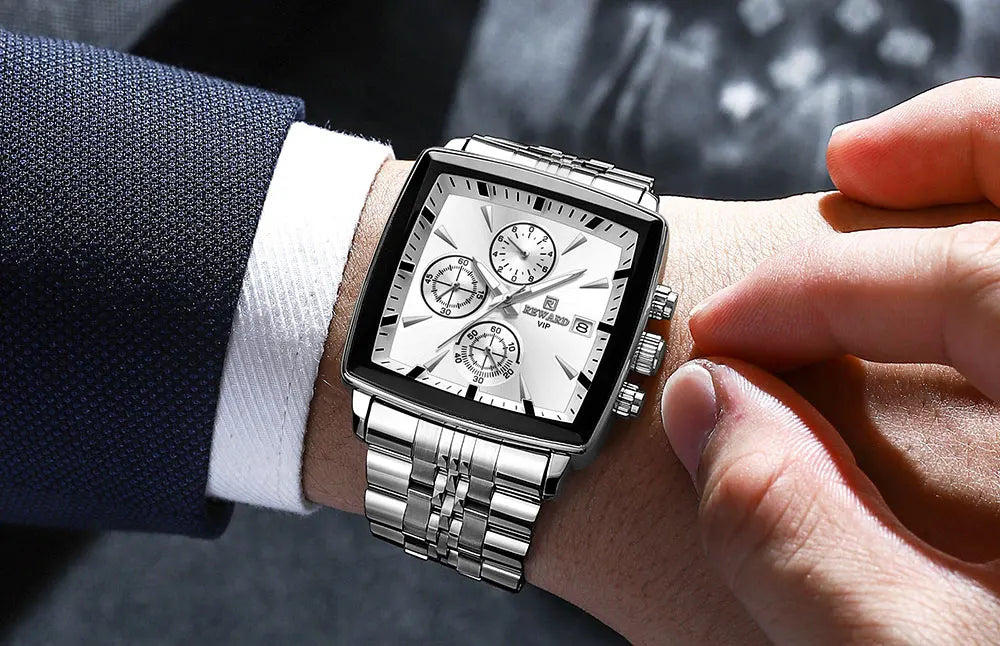 Men's Blue Luxury, Rectangular Business Quartz Wristwatch, Waterproof, with Luminous Hands, By REWARD