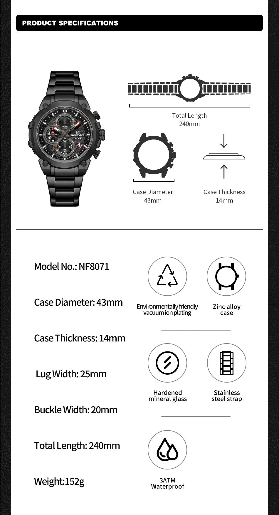 Fashion, Sports, Chronograph, Waterproof, Calendar Display, Military Quartz Male Watch, By NAVIFORCE