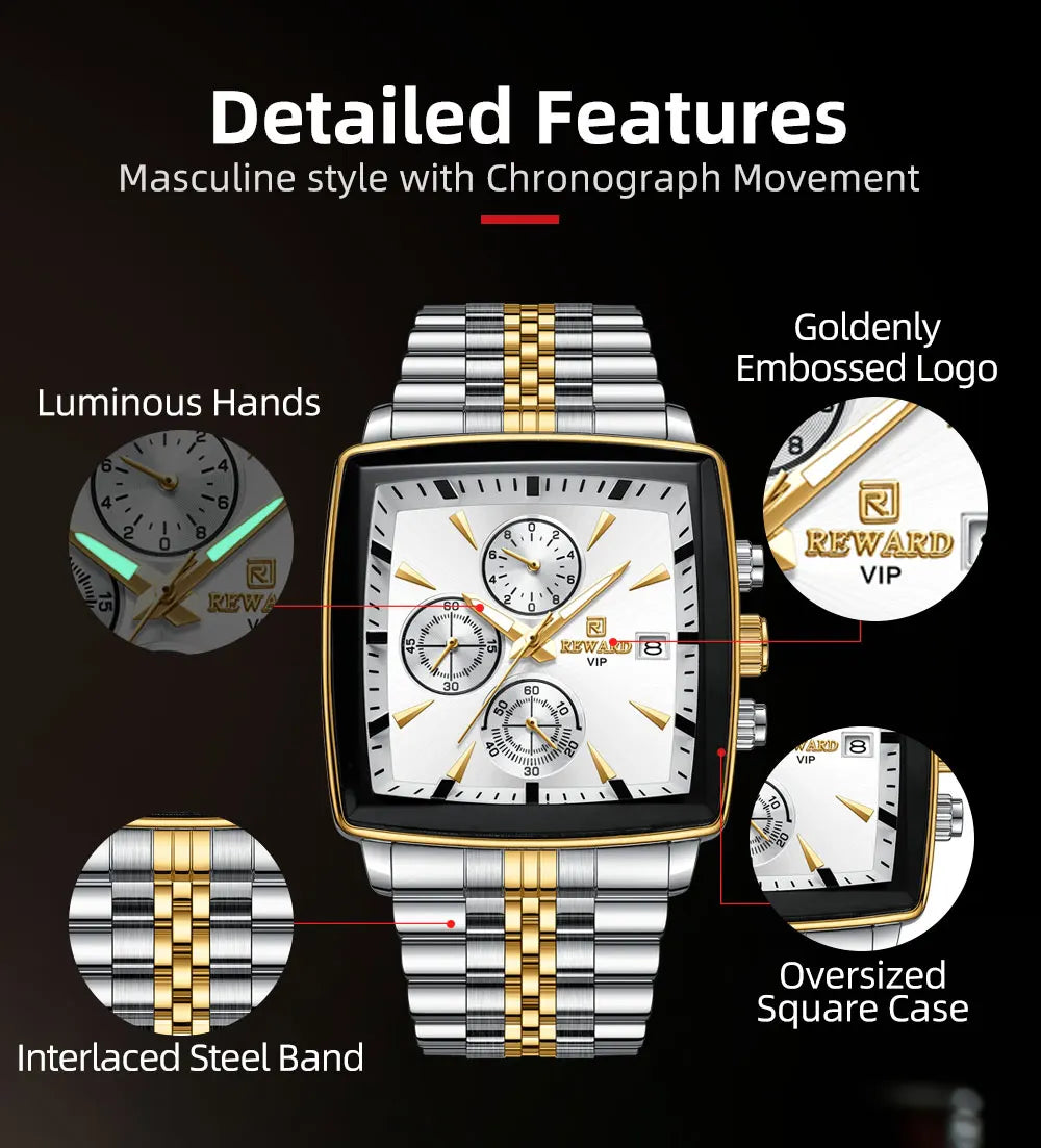 Men's Blue Luxury, Rectangular Business Quartz Wristwatch, Waterproof, with Luminous Hands, By REWARD