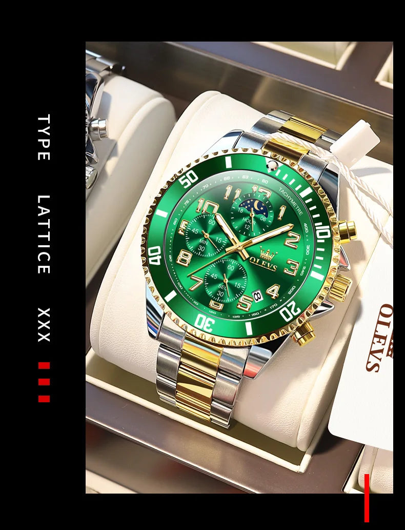 OLEV, S 2926 Men's, Luxury Brand, Waterproof, Calendar Moon Phase, Top Fashion, Stainless Steel Quartz, Chronograph Watch