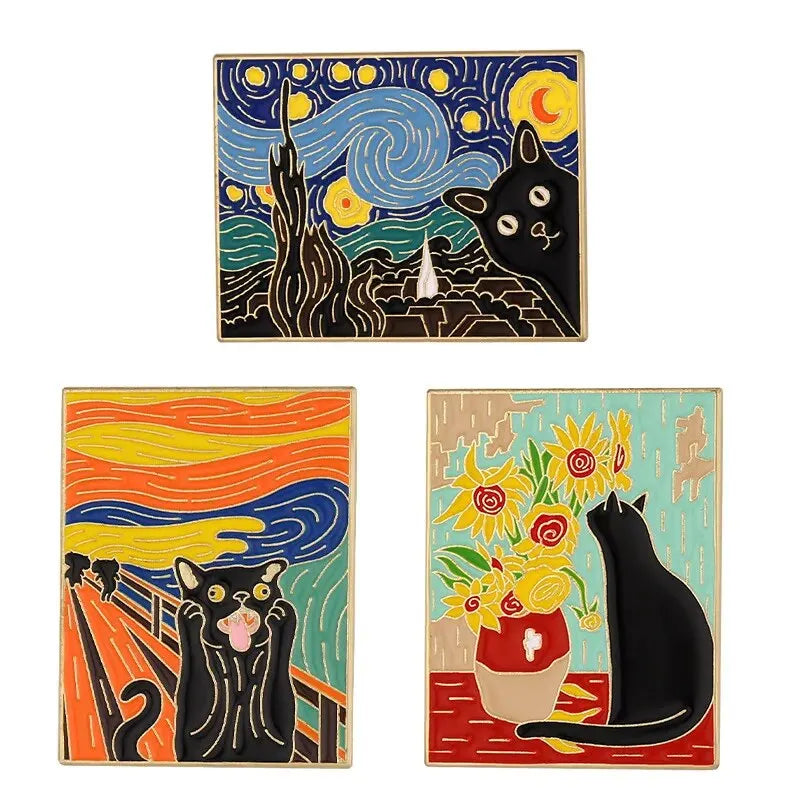 3pc Cats In Oil Paintings, Enamel Pins...(Click On Specs To Magnify).
