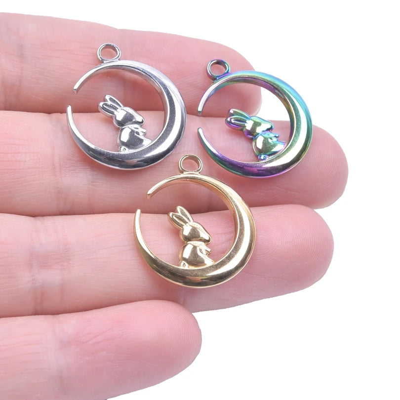 Stainless Steel, Kawaii Animal Rabbit Moon Pendant Necklaces For Women And Men. Please Invite,(Those Who Can), To Adopt Rabbits With This Gift Invitation.. Thank You!