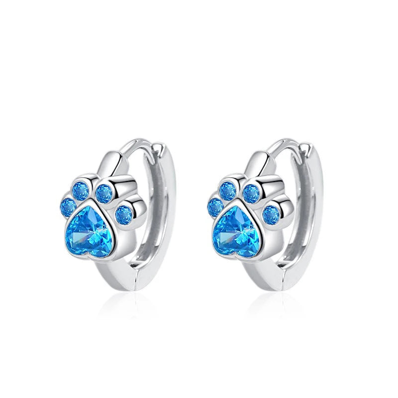 Genuine 9.25 Sterling Silver Zirconia Dog Paw Hoop Earrings for Women