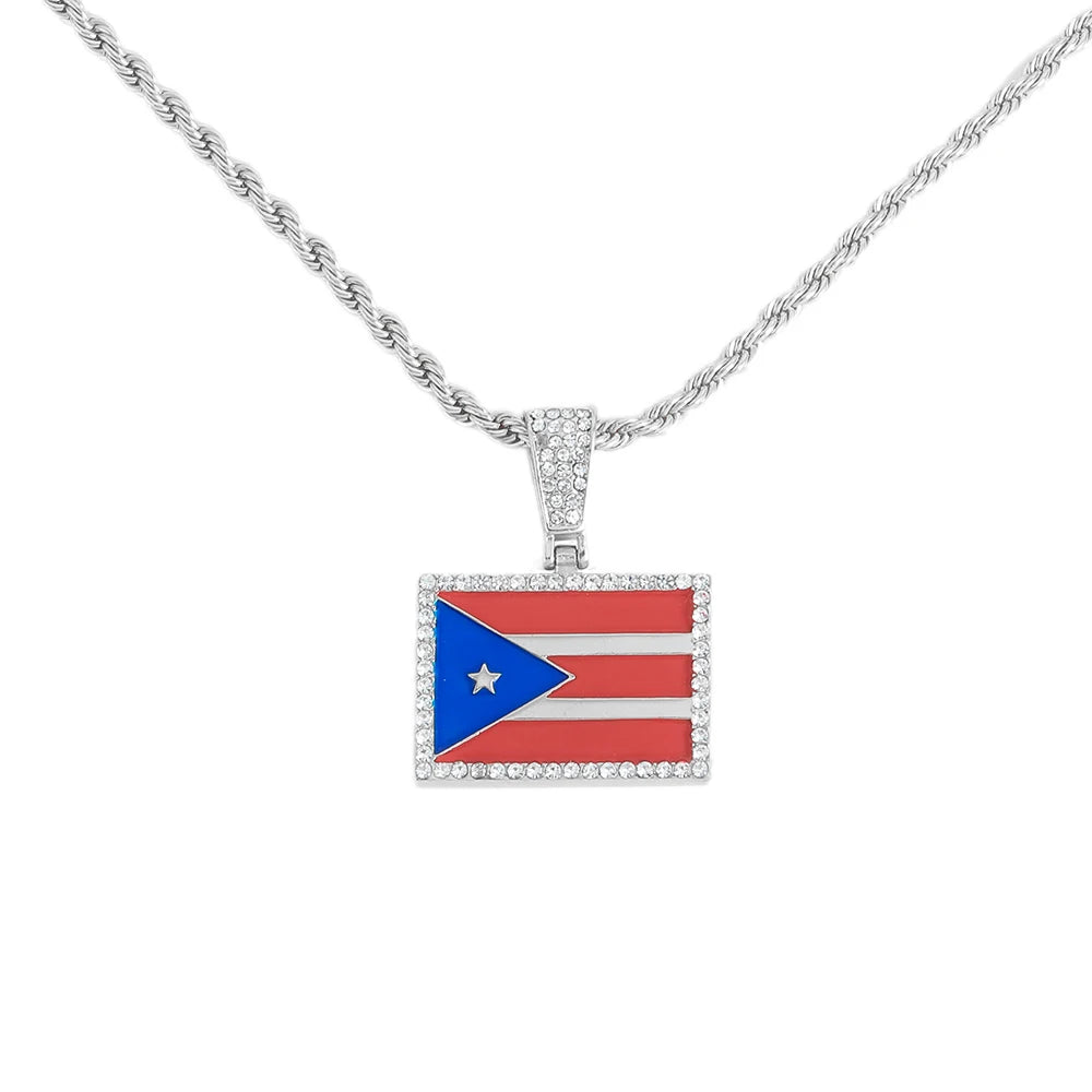 New Heart Puerto Rico Map/Flag Pendant Necklace With Imitation Rhinestones & 4mm Rope Link Chain, Stylish Jewelry For Men & Women