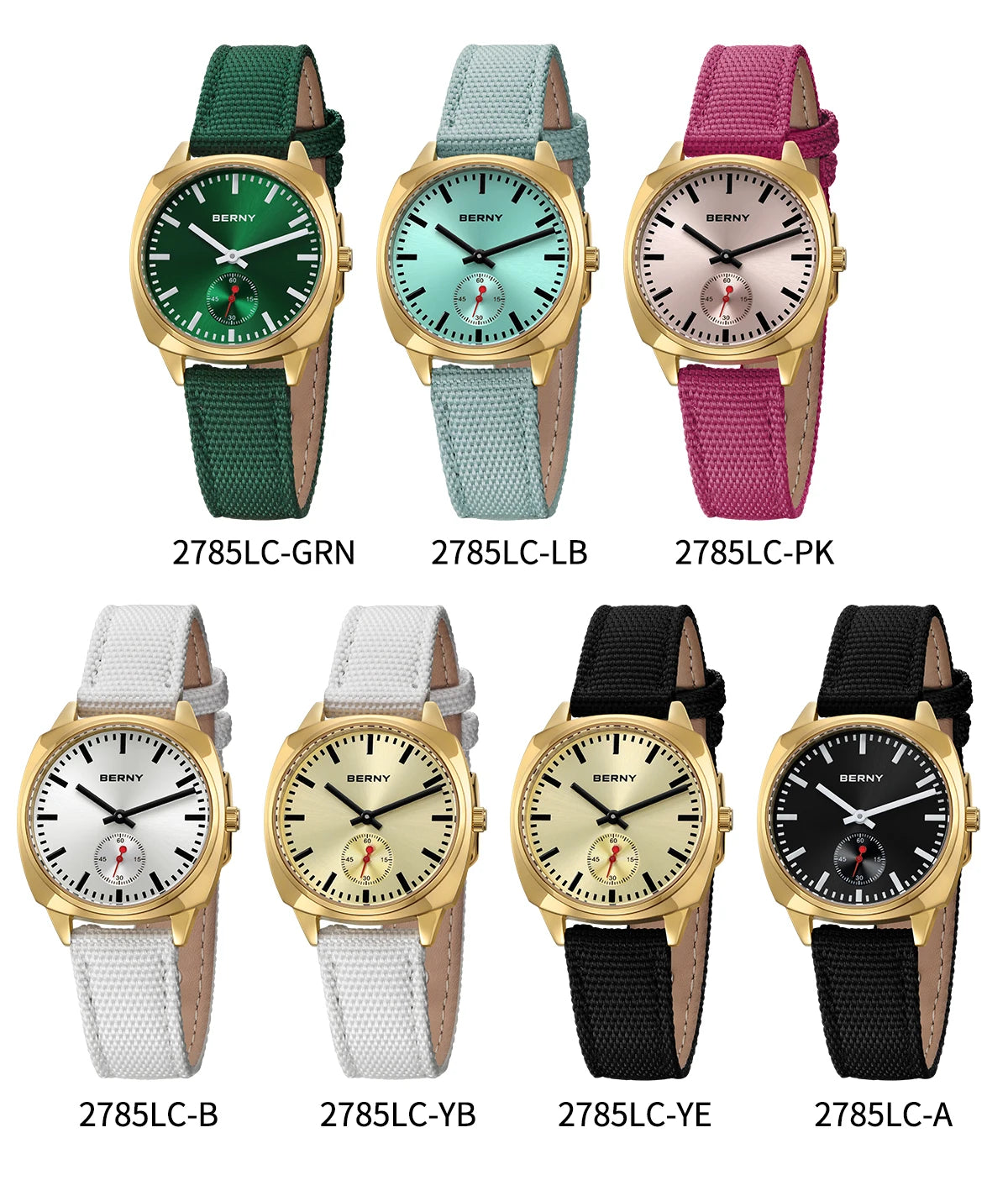 BERNY Gold Watch for Women Canvas Railway Watch Green Dial Ladies Wristwatch Quartz Pillow Watch Casual Fashion Ladies Watch