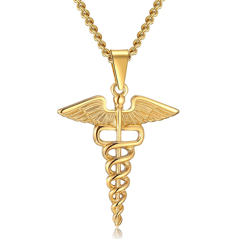 Medical Stainless Steel, Double Snake Wings Pendant Necklace Gift For Medical Professionals