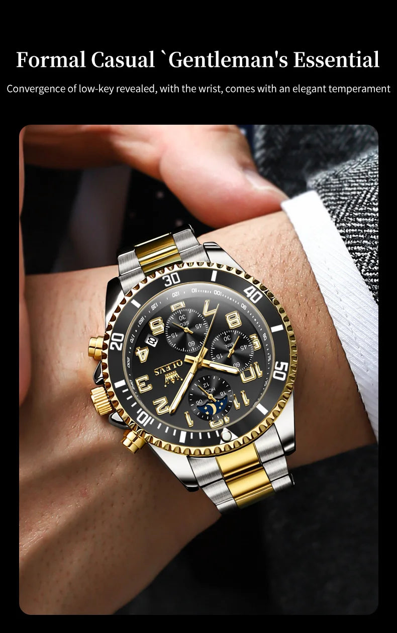 OLEV, S 2926 Men's, Luxury Brand, Waterproof, Calendar Moon Phase, Top Fashion, Stainless Steel Quartz, Chronograph Watch