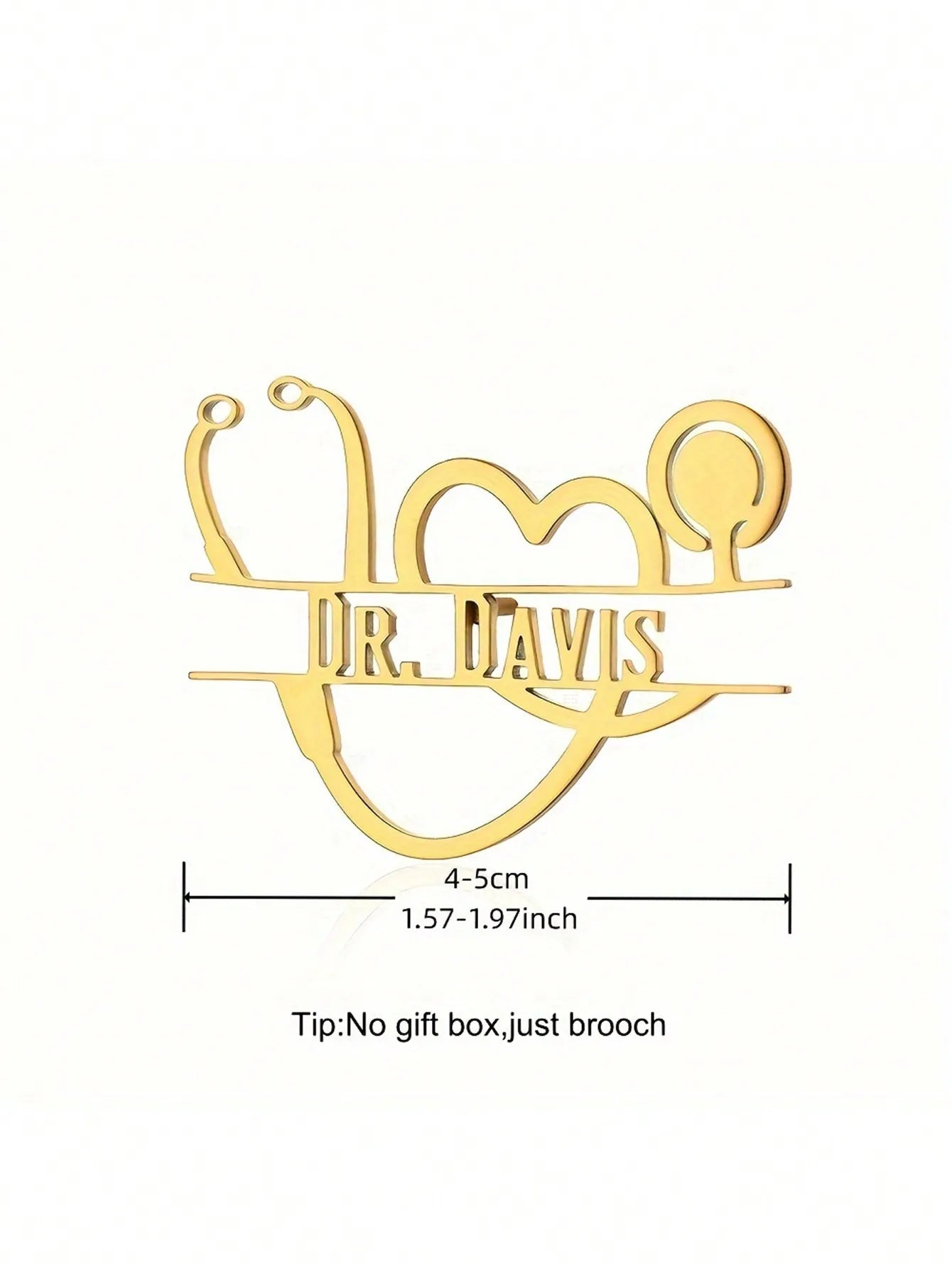 Personalized, Vintage Stethoscope, Heart Brooch Pin, Gold Plated Stainless Steel, Customized For Doctor, Nurse, Veterinarian
