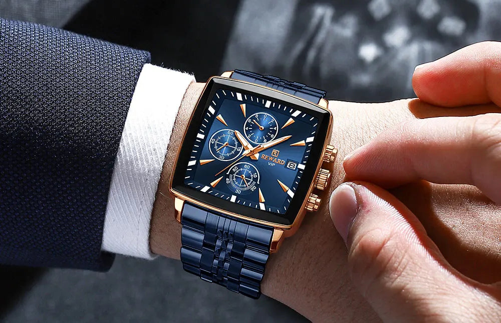 Men's Blue Luxury, Rectangular Business Quartz Wristwatch, Waterproof, with Luminous Hands, By REWARD