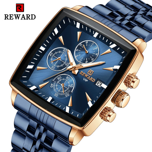 Men's Blue Luxury, Rectangular Business Quartz Wristwatch, Waterproof, with Luminous Hands, By REWARD