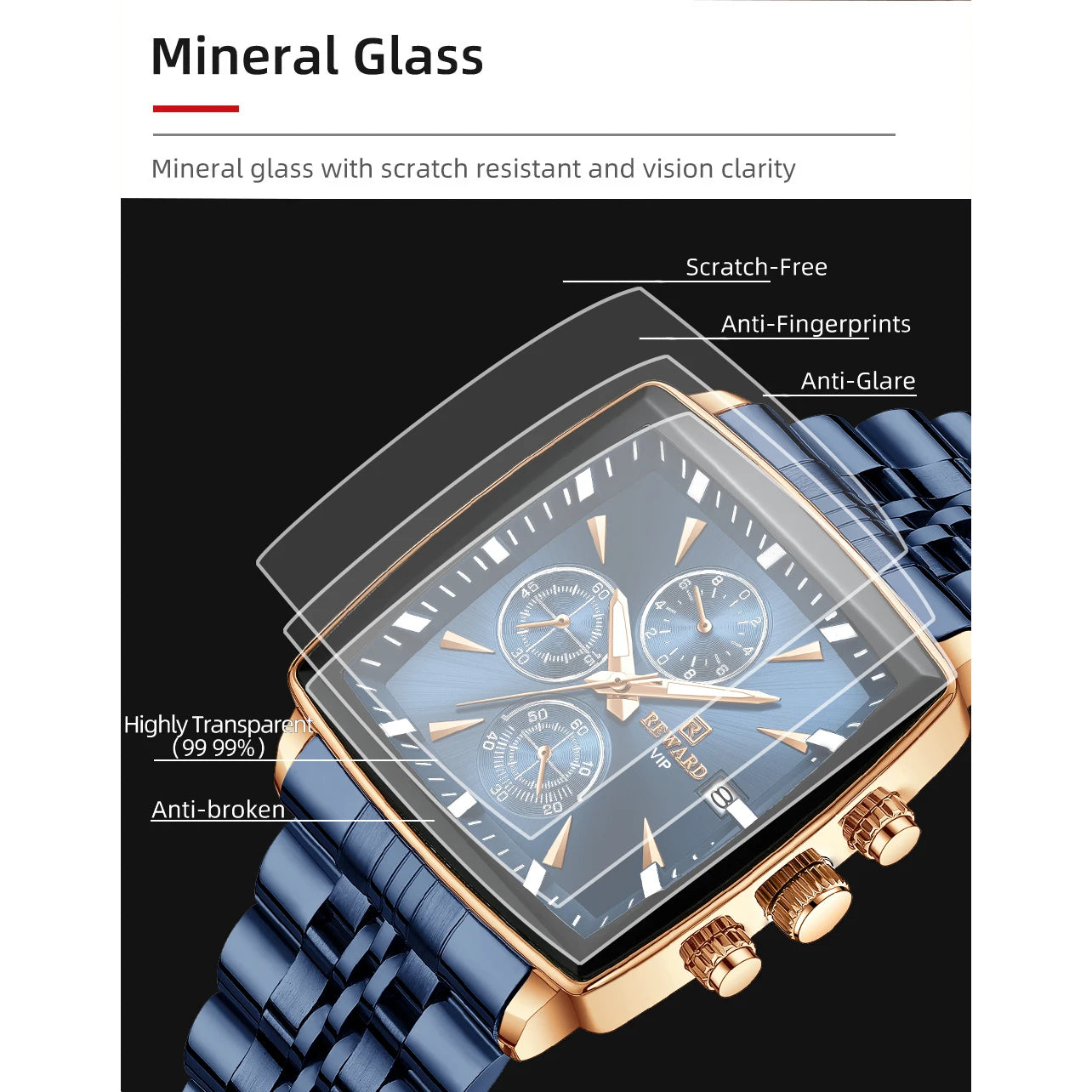 Men's Blue Luxury, Rectangular Business Quartz Wristwatch, Waterproof, with Luminous Hands, By REWARD