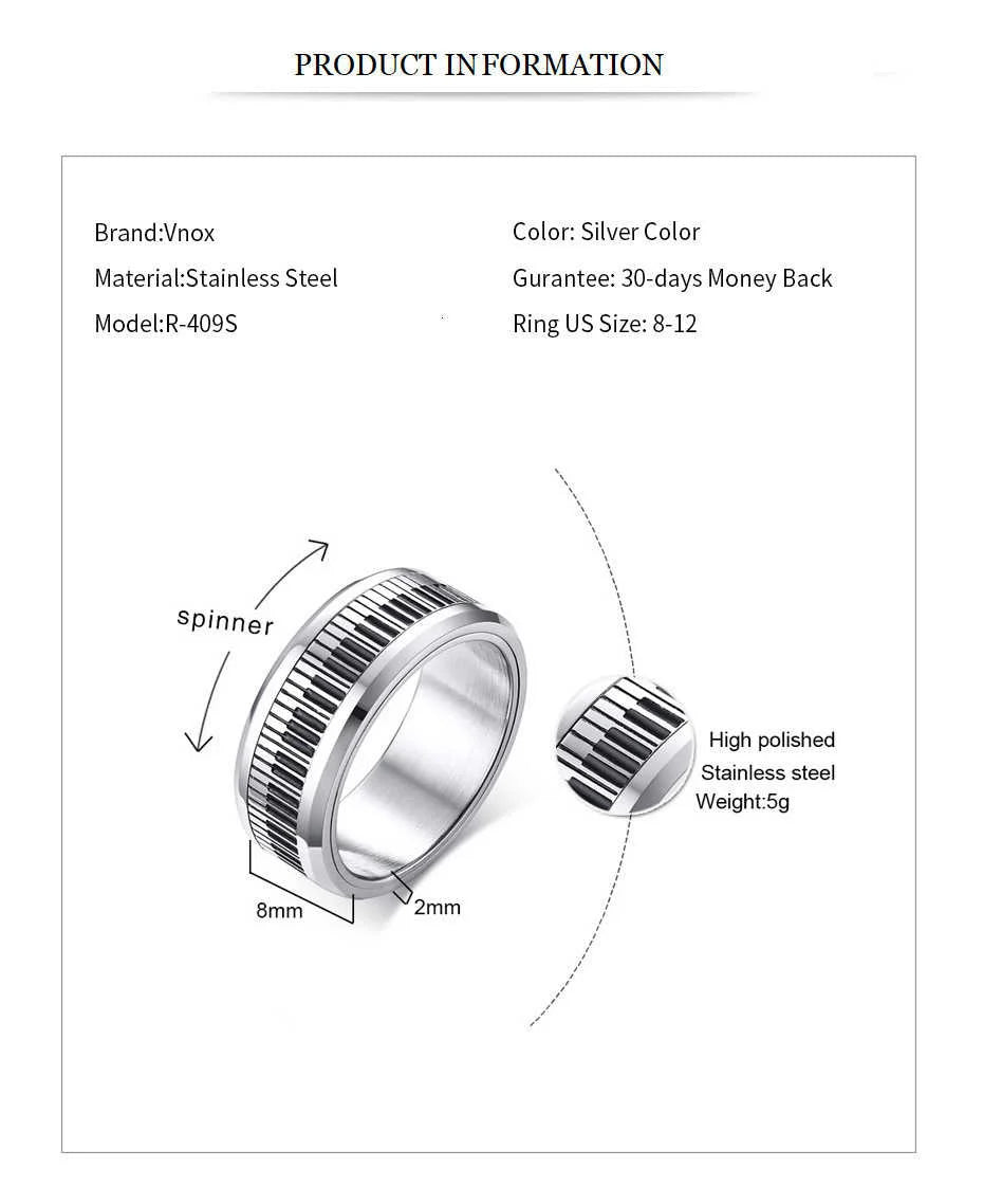 Vnox, Stainless Steel Rotatable Piano Key Ring For Men/Woman