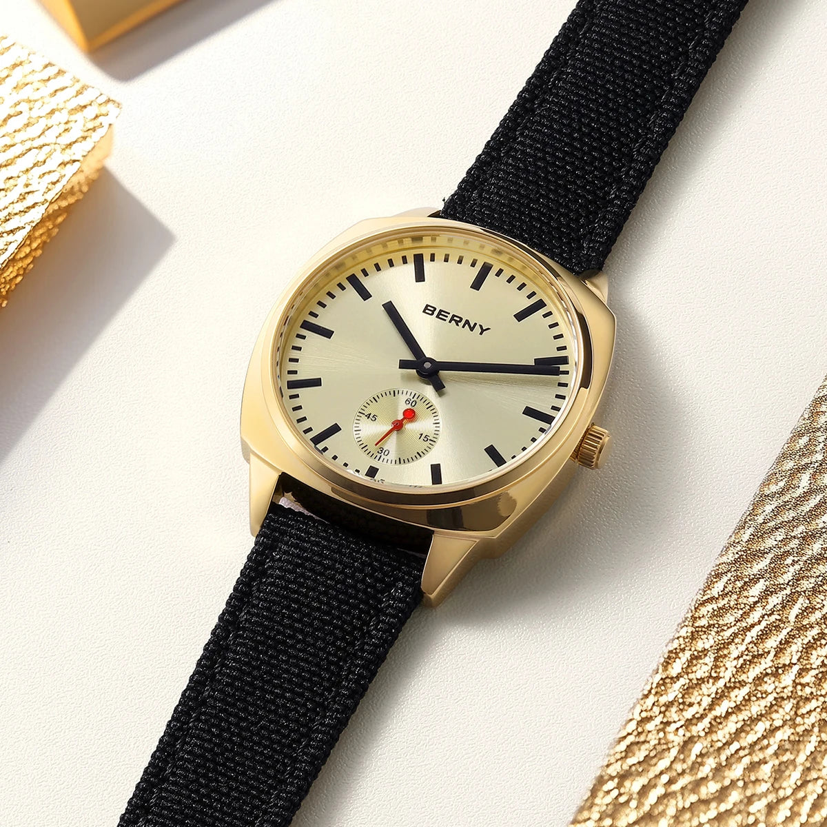 BERNY Gold Watch for Women Canvas Railway Watch Green Dial Ladies Wristwatch Quartz Pillow Watch Casual Fashion Ladies Watch